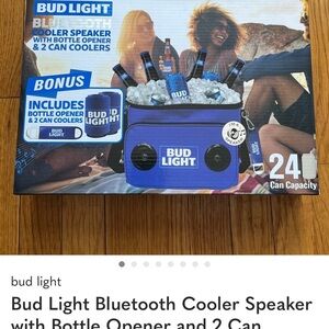 Bud Light Bluetooth Cooler Speaker with Bottle Opener and 2 Can Coolers Blue NIB